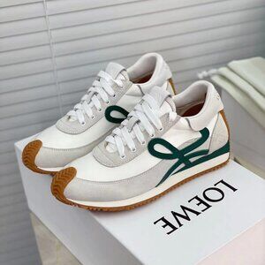 Loewe white suede and dark green logo sneakers